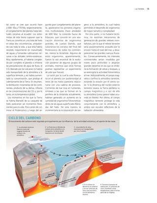 LA TIERRA   15




tal como se cree que ocurrió hace           gundo gran congelamiento del plane-        geno a la atmósfera, lo cual habría
2.000 Ma y 770 Ma, respectivamente,         ta, aparecieron los primeros organis-      permitido el desarrollo de organismos
el congelamiento del planeta hasta lati-    mos multicelulares (hace alrededor         de mayor tamaño y complejidad.
tudes cercanas al ecuador. Los extre-       de 600 Ma): la conocida fauna de             Por otra parte, si no hubiera tectó-
mistas de esta teoría suponen que la        Ediacara, que consiste en una aso-         nica, no existirían mecanismos de
Tierra se convirtió en una bola de hielo    ciación distintiva de organismos           generación de grandes relieves mon-
en estas dos circunstancias, aniquilan-     grandes, de cuerpo blando, que             tañosos, por lo que el relieve terrestre
do casi toda la vida, y que esta habría     caracteriza los estratos del final del     sería paulatinamente arrasado por la
resistido mayormente en manantiales         Proterozoico de todos los continen-        erosión hasta el nivel del mar, y desa-
de aguas y fumarolas submarinas cer-        tes, menos la Antártida. Algunos de        parecerían las grandes cuencas fluvia-
canas a las dorsales centro-oceánicas.      estos organismos, aparentemente,           les. Consecuentemente, los interiores
Muy rápidamente, al haberse congela-        fueron la raíz ancestral de la evolu-      continentales serían invadidos por
do por completo el planeta e inhibirse      ción posterior de algunos grupos de        mares poco profundos o alojarían
las precipitaciones de agua de lluvia, el   animales, mientras que otras formas        grandes desiertos en los que se inhibi-
CO2 liberado por los volcanes no habría     podrían representar un experimento         ría la formación de selvas y bosques, y
sido transportado de la atmósfera a la      de vida que fracasó.                       se restringiría la actividad fotosintética
superficie terrestre, y así habría aumen-     La razón por la cual la vida florece-    al mar. Adicionalmente, el campo mag-
tado su concentración, que produjo el       ría en el planeta con posterioridad al     nético confina la atmósfera terrestre,
calentamiento de la Tierra. En resumen,     retiro de los hielos parecería relacio-    evitando la erosión por el viento so-
la distribución instantánea de los conti-   narse con una cadena de procesos.          lar. Si la dinámica del núcleo externo
nentes, producto de su deriva, influiría    Corrientes de mar ricas en nutrientes,     terrestre cesara, la Tierra perdería su
en las concentraciones de CO2 y, por lo     similares a las que se forman en la        campo magnético y a raíz de ello
tanto, en la temperatura global.            periferia de la Antártida actualmente,     su atmósfera (como parece haber ocu-
  Los momentos en los que la Tierra         habrían generado un aumento en la          rrido en Marte). Por último, el campo
se habría liberado de su casquete de        cantidad de organismos fotosintetiza-      magnético terrestre protege la vida
hielo parecerían ser momentos flore-        dores de las aguas superficiales libera-   conjuntamente con la atmósfera, y
cientes para la vida. Poco antes de cul-    das del hielo. De esta manera se           ambos son escudos reflectores de la
minar el Proterozoico y luego del se-       incrementaría la incorporación de oxí-     radiación ultravioleta.
 