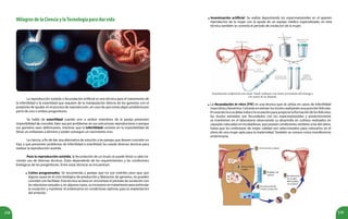 238 239
MilagrosdelaCienciaylaTecnologíaparadarvida
La reproducción asistida o fecundación artificial es una técnica para el tratamiento de
la infertilidad o la esterilidad que requiere de la manipulación directa de los gametos con el
propósito de ayudar en el proceso de reproducción, en caso de que exista algún problema por
parte de uno o ambos progenitores.
Se habla de esterilidad cuando uno o ambos miembros de la pareja presentan
imposibilidad de concebir, bien sea por problemas en sus estructuras reproductoras o porque
sus gametos sean defectuosos; mientras que la infertilidad consiste en la imposibilidad de
llevar un embarazo a término y poder conseguir un nacimiento vivo.
La ciencia, a fin de dar una alternativa de solución a las parejas que deseen concebir un
hijo, y que presenten problemas de infertilidad o esterilidad, ha creado diversas técnicas para
realizar la reproducción asistida.
Para la reproducción asistida, la fecundación de un óvulo se puede llevar a cabo ha-
ciendo uso de diversas técnicas. Éstas dependerán de los requerimientos y las condiciones
biológicas de los progenitores. Entre estas técnicas se encuentran:
Coitos programados. Se recomienda a parejas que no son estériles pero que, por
alguna causa en el ciclo biológico de producción y liberación de gametos, no pueden
concebir con facilidad. Esta técnica se basa en sincronizar el período de ovulación con
las relaciones sexuales y, en algunos casos, se incorpora un tratamiento para estimular
la ovulación y mantener el endometrio en condiciones óptimas para la implantación
del embrión.
Inseminación artificial de una mujer. Puede realizarse con semen proveniente del cónyuge o
con semen de un donante.
•
Inseminación artificial. Se realiza depositando los espermatozoides en el aparato
reproductor de la mujer con la ayuda de un equipo médico especializado; en esta
técnica también se controla el período de ovulación de la mujer.
•
La fecundación in vitro (FIV) es una técnica que se utiliza en casos de infertilidad
masculina y femenina. Consiste en extraer los óvulos realizando una punción folicular.
Enestatécnicasedebeinducirlaovulaciónparapropiciarlaformacióndelosfolículos;
los óvulos extraídos son fecundados con los espermatozoides y posteriormente
se mantienen en el laboratorio observando su desarrollo en cultivos realizados en
cápsulas colocadas en incubadoras, que poseen condiciones similares a las del útero,
hasta que los embriones de mejor calidad son seleccionados para colocarlos en el
útero de una mujer apta para la maternidad. También se conoce como transferencia
embrionaria.
•
 
