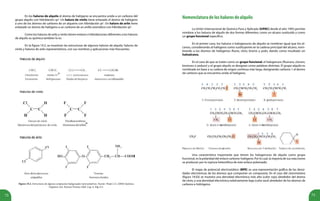 72 73
En los haluros de alquilo el átomo de halógeno se encuentra unido a un carbono del
grupo alquilo con hibridación sp3
. Un haluro de vinilo tiene enlazado el átomo de halógeno
a uno de los átomos de carbono de un alqueno con hibridación sp2
. Un haluro de arilo tiene
enlazado un átomo de halógeno a un carbono de un anillo aromático con hibridación sp2
.
Como los haluros de arilo y vinilo tienen enlaces e hibridaciones diferentes a los haluros
de alquilo su química tambien lo es.
En la figura 19.2, se muestran las estructuras de algunos haluros de alquilo, haluros de
vinilo y haluros de arilo representativos, con sus nombres y aplicaciones más frecuentes.
Figura 19.2. Estructuras de algunos compuestos halogenados representativos. Fuente: Wade L.G. (2004) Química
Orgánica 5ed. Pearson Prentice Hall. Cap. 6, Pág 212.
Nomenclaturadeloshalurosdealquilo
La Unión Internacional de Química Pura y Aplicada (IUPAC) desde el año 1993 permite
nombrar a los haluros de alquilo de dos formas diferentes; como un alcano sustituido y como
un grupo funcional específico.
En el primer caso, los haluros o halogenuros de alquilo se nombran igual que los al-
canos, considerando al halógeno como sustituyente en la cadena principal del alcano, nom-
brando a los átomos de halógenos fluoro, cloro, bromo y yodo, dando como resultado un
haloalcano.
En el caso de que se traten como un grupo funcional, el halogenuro (fluoruro, cloruro,
bromuro o yoduro) y el grupo alquilo se designan como palabras distintas. El grupo alquilo es
nombrado en base a su cadena de origen continua más larga, designando carbono 1 al átomo
de carbono que se encuentra unido al halógeno.
Una característica importante que tienen los halogenuros de alquilo como grupo
funcional, es la polaridad del enlace carbono-halógeno. Por lo cual, la mayoría de sus reacciones
se producen por la ruptura heterolítica de este enlace polarizado.
El mapa de potencial electrostático (MPE) es una representación gráfica de las densi-
dades electrónicas de los átomos que componen un compuesto. En el caso del clorometano
(figura 19.03) se muestra una densidad electrónica más alta (color rojo) alrededor del átomo
de cloro, y una densidad electrónica relativamente baja (color azul) alrededor de los átomos de
carbono e hidrógeno.
 
