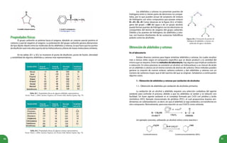 90 91
Tabla 20.1. Propiedades físicas de algunos aldehídos representativos.
Fuente: Wade L. (2004). Química Orgánica. Ed. Prentice-Hall, Madrid, España, Pág. 778.
Tabla 20.2. Propiedades físicas de algunas cetonas representativas.
Fuente: Wade L. (2004). Química Orgánica. Ed. Prentice-Hall, Madrid, España, Pág. 778.
Figura 20.2. Formación de puentes de
hidrógeno de aldehídos y cetonas con
moléculas de agua o alcoholes.
Propiedadesfísicas
El grupo carbonilo se polariza hacia el oxígeno, dándole un carácter parcial positivo al
carbono y parcial negativo al oxígeno. La polarización del grupo carbonilo genera alteraciones
de tipo dipolo-dipolo entre las moléculas de los aldehídos y cetonas, lo que hace que los puntos
deebulliciónseanmásaltosquelosdeloshidrocarburosyéteresdemasasmolecularessimilares.
En las tablas 20.1 y 20.2 se muestran el punto de ebullición, punto de fusión, densidad
y solubilidad de algunos aldehídos y cetonas más representativos.
Los aldehídos y cetonas no presentan puentes de
hidrógeno entre sí, tienen pares de electrones no compar-
tidos, por lo que pueden actuar de aceptores de enlaces
de hidrógeno con otros compuestos que posean enlaces
O—H o N—H. Como observas en la figura 20.2, el hidró-
geno del grupo —OH del agua o de un grupo alcohol,
puede formar puentes de hidrógeno con los electrones no
compartidos del átomo de oxígeno del grupo carbonilo.
Debido a los puentes de hidrógeno, los aldehídos y ceto-
nas, son buenos disolventes de las sustancias hidrofílicas
polares como los alcoholes.
Obtencióndealdehídosycetonas
En el laboratorio
Existen diversos caminos para lograr sintetizar aldehídos y cetonas, los cuales resultan
más o menos útiles según el compuesto específico que se desee producir y la cantidad del
mismo que se requiera. Entre los métodos de laboratorio, hay algunos que implican oxidación
o reducción. En estos procesos se convierte un alcohol, un hidrocarburo o un cloruro de ácido
en un aldehído o cetona con el mismo número de átomos de carbono. Otros métodos pueden
generar la creación de nuevos enlaces carbono-carbono y dan aldehídos y cetonas con un
número de carbonos mayor que el del reactivo del que se originan. Señalamos a continuación
algunos casos.
1.- Obtención de aldehídos y cetonas por oxidación de alcoholes
1.1.- Obtención de aldehídos por oxidación de alcoholes primarios
La oxidación de un alcohol a aldehído requiere una selección cuidadosa del agente
oxidante para controlar el proceso, debido a que los aldehídos se oxidan y se reducen con
facilidad. Un buen agente oxidante es el complejo formado por CrO3 con piridina y ácido
clorhídrico (HCl), llamado clorocromato de piridinio (PCC), el cual proporciona buenos ren-
dimientos sin sobreoxidación, es decir, sin que el aldehído se siga oxidando y se transforme en
otro compuesto. Normalmente, para esta reacción se usa CH2Cl2 como solvente.
Un ejemplo concreto, utilizando un alcohol cíclico como reactivo:<
Ciclohexilmetanol Ciclohexanocarbaldehído (90%)
A
A
 