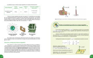 132 133
Nombre Magnitud
Tipo de
magnitud
Símbolo
Unidad en
el SI
Conversión a unidades
básicas del SI
Intensidad de campo
magnético
Vector B Tesla (T)
1 T= N / (C m/s)
1 T= V s / m2
La unidad en la que se mide el campo magnético en el sistema internacional es:
1Tesla es el campo magnético que sobre una carga de 1 C moviéndose con una rapidez
de 1 m/s, perpendicularmente a la dirección de , daría lugar a una fuerza de 1 N. El nombre
de esta unidad es en honor al ingeniero e inventor serbo-croata Nikola Tesla (1856-1943). El
producto voltio por segundo (Vs) comúnmente se conoce como Weber (Wb) en homenaje al
físico alemán Wilhelm E. Weber (1804-1841). De esta forma, 1 T = Wb /m2
.
Una unidad usada corrientemente, deducida del sistema de unidades cgs (centímetro,
gramo, segundo) con poco uso actualmente, es el gauss (G), que está relacionada con el tesla
por 1 G = 10-4
T.
Dirección y sentido de la fuerza magnética
Como vimos: , y son vectores, por lo tanto, además de conocer sus módulos o
valores numéricos, es necesario conocer la relación entre sus direcciones y sentidos: el vector
es perpendicular al plano formado por los vectores y . Su sentido lo determinamos
mediante la regla conocida como regla de la mano derecha. Observa en la figura 22.14 que
si los dedos de la mano derecha apuntan en la dirección de , y se flexionan hacia la dirección
de , entonces el pulgar extendido indica la dirección y sentido de la fuerza . También se
puede usar la regla del tornillo o del sacacorchos, donde el sentido de la fuerza es el mismo
del avance del tornillo o del sacacorchos.
Figura 22.14. Regla de la mano derecha y del tornillo para determinar la dirección de la fuerza magnética.
Protón en movimiento que entra en un campo magnético
En un campo magnético uniforme, T, es disparado un protón con una velocidad
m/s. Calcula la fuerza magnética que experimenta. Recuerda que el
protón tiene carga 1,6.10-19
C.
Estamos usando vectores de longitud unitaria (valor de 1) para poder especificar las
direcciones de , y . En coordenadas cartesianas es típico el uso de i, j y k para representar
los vectores unitarios en las direcciones x, y, z respectivamente.
Sustituyendo los datos en la ecuación y resolviendo el producto vectorial:
Aplicando cualquier regla para
resolver el determinante se obtiene:
.
Observa que la fuerza es perpendicular al plano X Y,
donde están y , como se muestra en la figura al
aplicar la regla de la mano derecha.
 