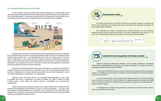186 187
Sintonizando la radio
Laboratorio electromagnético de Faraday simulado
El circuito para sintonizar una radio consiste de un capacitor variable y un inductor de
20 mH. ¿Qué capacitancia se necesitará para que el circuito permita sintonizar la estación de
radio AM que opera a 630 kHz?
Para sintonizar una radio, se requiere que el circuito funcione con una frecuencia
especial conocida como frecuencia resonante fr
. Para ello la impedancia tiene que ser: Z = R,
por lo tanto, despejando la capacitancia, sabremos cómo ajustar el condensador:
Podemos reproducir experiencias similares a las de Faraday, utilizando la simulación
El laboratorio electromagnético de Faraday, que pueden descargar en la siguiente dirección:
http://phet.colorado.edu/es/simulation/faraday
1. Con la sección Bobinainducida, ¿cómo es la corriente inducida y el brillo en la lámpara,
al variar : i) la rapidez con que se acercan o se alejan el imán y la bobina; ii) el número de espiras,
iii) el área de las espiras?
2. Con el transformador, ¿cómo producir fem inducida para que encienda el bombillo
con el circuito de corriente CC?, ¿cómo producir fem inducida para que encienda el bombillo
con el circuito de corriente CA? Comparen los dos métodos. Comparen el transformador de 1
espira con el de 3 espiras.
3. Identifiquen las variables en el generador y produzcan la máxima energía con éste.
¿Para qué condiciones ocurre esto?
La corriente eléctrica para el vivir bien
En este conjunto de lecturas sobre electricidad y magnetismo, te habrás dado cuenta
del conocimiento desarrollado por la humanidad, acerca de los fenómenos electromagnéticos,
nos ha permitido generar y aprovechar la energía eléctrica, impulsando el desarrollo de nume-
rosas aplicaciones técnicas para la producción social y el bienestar de la ciudadanía.
La producción, transporte y distribución de la electricidad implica un proceso complejo.
En el cual básicamente, tenemos una central generadora donde una fuente de energía primaria
(caída de agua, vientos, Sol…) es empleada para hacer girar una turbina que a su vez hace
rotar un alternador, el cual induce corrientes alternas. Diversos transformadores permiten
elevar y reducir la tensión desde la planta generadora hasta los sitios de consumo industrial y
residencial. Y por supuesto se cuenta con las redes de trasmisión, que permiten el transporte
de la electricidad hacia todos los centros poblados.
Esto es sólo una muestra del por qué resulta importante que conozcas los conceptos y
modelos referidos a campos eléctricos y magnéticos, así como sus implicaciones prácticas en
los diversos dispositivos y circuitos. Además, estos saberes te permitirán comprender y actuar
de manera responsable y sustentable en tu cotidianidad.
Debemos estar conscientes del uso de la energía electromagnética, ya que impli-
ca grandes estructuras e inversiones por parte del Estado, las cuales es deber de todas
y todos cuidar y saber utilizar de manera racional y compatible con la preservación
del ambiente.
Resulta necesario que reflexiones acerca de los riesgos inherentes a la utilización de la
energía electromagnética (electroimanes, motores, circuitos, generadores…), ya que si bien
estos aparatos resultan beneficiosos y contribuyen con un mejor vivir, no es menos cierto que
pueden tener un impacto sobre nuestra salud y la del ambiente. ¡No le temas a la electricidad,
conócela, compréndela y ten precaución!
 