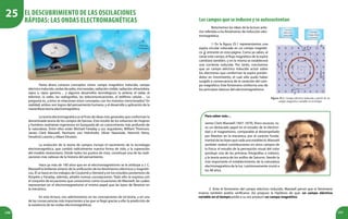 190 191
Hasta ahora conoces conceptos cómo: campo magnético inducido, campo
eléctrico inducido, ondas de radio, microondas, radiación visible, radiación ultravioleta,
rayos x, rayos gamma… y algunos desarrollos tecnológicos: la antena, el radar, el
televisor, la radio, las radiografías, las telecomunicaciones, el teléfono celular… La
pregunta es, ¿cómo se relacionan estos conceptos con los inventos mencionados? En
realidad, ambos son logros del pensamiento humano, y el desarrollo y aplicación de la
maravillosa teoría electromagnética.
La teoría electromagnética es el fruto de ideas más generales que conforman la
denominada teoría de los campos de fuerzas. Ésta resultó de los esfuerzos de mujeres
y hombres realmente ingeniosos en búsqueda de un conocimiento más profundo de
la naturaleza. Entre ellos están Michael Faraday y sus seguidores, William Thomson,
James Clerk Maxwell, Hermann von Helmholtz, Oliver Heaviside, Heinrich Hertz,
Hendrick Lorentz y Albert Einstein.
La evolución de la teoría de campos incluye el nacimiento de la tecnología
electromagnética, que cambió radicalmente nuestra forma de vida, y la superación
del modelo newtoniano. Desde todos los puntos de vista, constituye una de las reali-
zaciones más valiosas de la historia del pensamiento.
Hace ya más de 100 años que en el electromagnetismo se le atribuye a J. C.
Maxwell la brillante síntesis de la unificación de los fenómenos eléctricos y magnéti-
cos. Él se basó en los trabajos de Coulomb y Oersted y en los estudios posteriores de
Ampère y Faraday, además, añadió nuevas concepciones. Todo ello se expresa con
el conjunto de ecuaciones que conocemos como ecuaciones de Maxwell, las cuales
representan en el electromagnetismo el mismo papel que las leyes de Newton en
la mecánica.
En esta lectura, nos adentraremos en las concepciones de tal teoría, y en una
de las consecuencias más importantes a las que se llegó gracias a ella: la predicción de
la existencia de las ondas electromagnéticas.
Figura 25.1. Campo eléctrico inducido a partir de un
campo magnético variable en el tiempo.
Loscamposqueseinducenyseautosustentan
Retomemos las ideas de la lectura ante-
rior referidas a los fenómenos de inducción elec-
tromagnética:
1. En la figura 25.1 representamos una
espira circular colocada en un campo magnéti-
co entrante en esta página. Como ya sabes, al
variar este campo, el flujo magnético de la espira
cambiará también, y en la misma se establecerá
una corriente inducida. Por tanto, concluimos
que un campo eléctrico inducido actuó sobre
los electrones que conforman la espira ponién-
dolos en movimiento, el cual sólo pudo haber
surgido a consecuencia de la variación del cam-
po magnético. Este fenómeno conforma uno de
los principios básicos del electromagnetismo.
Para saber más…
James Clerk Maxwell (1831-1879), físico escocés, tu-
vo un destacado papel en el estudio de la electrici-
dad y el magnetismo, comparable al desempeñado
por Newton en la mecánica, por el carácter funda-
mental de las leyes que cada uno estableció. Maxwell
también realizó contribuciones en otros campos de
la Física: el estudio de la percepción visual del color
(produjo una de las primeras fotografías a colores),
y la teoría acerca de los anillos de Saturno. Siendo la
más importante el establecimiento de la naturaleza
electromagnética de la luz. Lastimosamente murió a
los 48 años.
2. Ante el fenómeno del campo eléctrico inducido, Maxwell pensó que el fenómeno
inverso también podría verificarse. Así propuso la hipótesis de que: un campo eléctrico
variable en el tiempo podía a su vez producir un campo magnético.
El descubrimiento de las oscilaciones
rápidas: las ondas electromagnéticas
25
 