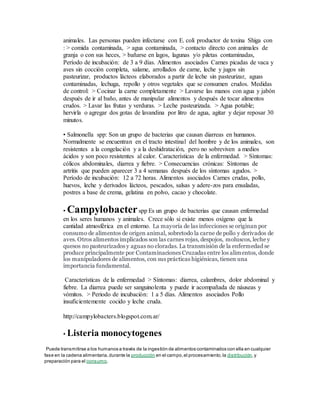animales. Las personas pueden infectarse con E. coli productor de toxina Shiga con
: > comida contaminada, > agua contaminada, > contacto directo con animales de
granja o con sus heces, > bañarse en lagos, lagunas y/o piletas contaminadas,
Período de incubación: de 3 a 9 días. Alimentos asociados Carnes picadas de vaca y
aves sin cocción completa, salame, arrollados de carne, leche y jugos sin
pasteurizar, productos lácteos elaborados a partir de leche sin pasteurizar, aguas
contaminadas, lechuga, repollo y otros vegetales que se consumen crudos. Medidas
de control: > Cocinar la carne completamente > Lavarse las manos con agua y jabón
después de ir al baño, antes de manipular alimentos y después de tocar alimentos
crudos. > Lavar las frutas y verduras. > Leche pasteurizada. > Agua potable;
hervirla o agregar dos gotas de lavandina por litro de agua, agitar y dejar reposar 30
minutos.
• Salmonella spp: Son un grupo de bacterias que causan diarreas en humanos.
Normalmente se encuentran en el tracto intestinal del hombre y de los animales, son
resistentes a la congelación y a la deshidratación, pero no sobreviven a medios
ácidos y son poco resistentes al calor. Características de la enfermedad. > Síntomas:
cólicos abdominales, diarrea y fiebre. > Consecuencias crónicas: Síntomas de
artritis que pueden aparecer 3 a 4 semanas después de los síntomas agudos. >
Período de incubación: 12 a 72 horas. Alimentos asociados Carnes crudas, pollo,
huevos, leche y derivados lácteos, pescados, salsas y adere-zos para ensaladas,
postres a base de crema, gelatina en polvo, cacao y chocolate.
• Campylobacterspp Es un grupo de bacterias que causan enfermedad
en los seres humanos y animales. Crece sólo si existe menos oxígeno que la
cantidad atmosférica en el entorno. La mayoría de las infecciones se originan por
consumo de alimentos de origen animal, sobretodo la carne de pollo y derivados de
aves. Otros alimentos implicados son las carnes rojas, despojos, moluscos, leche y
quesos no pasteurizados y aguas no cloradas. La transmisión de la enfermedad se
produce principalmente por Contaminaciones Cruzadas entre los alimentos, donde
los manipuladores de alimentos, con sus prácticas higiénicas, tienen una
importancia fundamental.
Características de la enfermedad > Síntomas: diarrea, calambres, dolor abdominal y
fiebre. La diarrea puede ser sanguinolenta y puede ir acompañada de náuseas y
vómitos. > Periodo de incubación: 1 a 5 días. Alimentos asociados Pollo
insuficientemente cocido y leche cruda.
http://campylobacters.blogspot.com.ar/
• Listeria monocytogenes
Puede transmitirse a los humanos a través de la ingestión de alimentos contaminados con ella en cualquier
fase en la cadena alimentaria,durante la producción en el campo,el procesamiento,la distribución,y
preparación para el consumo.
 