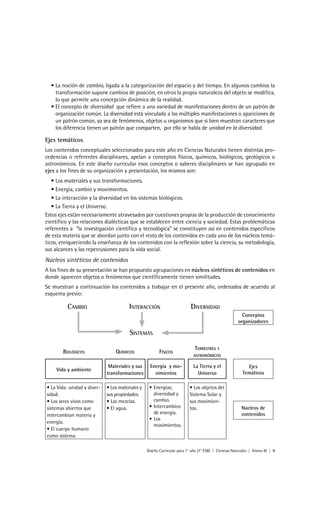 • La noción de cambio, ligada a la categorización del espacio y del tiempo. En algunos cambios la
    transformación supone cambios de posición, en otros la propia naturaleza del objeto se modifica,
    lo que permite una concepción dinámica de la realidad.
  • El concepto de diversidad que refiere a una variedad de manifestaciones dentro de un patrón de
    organización común. La diversidad está vinculada a las múltiples manifestaciones o apariciones de
    un patrón común, ya sea de fenómenos, objetos u organismos que si bien muestran caracteres que
    los diferencia tienen un patrón que comparten, por ello se habla de unidad en la diversidad.

Ejes temáticos
Los contenidos conceptuales seleccionados para este año en Ciencias Naturales tienen distintas pro-
cedencias o referentes disciplinares, apelan a conceptos físicos, químicos, biológicos, geológicos o
astronómicos. En este diseño curricular esos conceptos o saberes disciplinares se han agrupado en
ejes a los fines de su organización y presentación, los mismos son:
   • Los materiales y sus transformaciones.
   • Energía, cambio y movimientos.
   • La interacción y la diversidad en los sistemas biológicos.
   • La Tierra y el Universo.
Estos ejes están necesariamente atravesados por cuestiones propias de la producción de conocimiento
científico y las relaciones dialécticas que se establecen entre ciencia y sociedad. Estas problemáticas
referentes a “la investigación científica y tecnológica” se constituyen así en contenidos específicos
de esta materia que se abordan junto con el resto de los contenidos en cada uno de los núcleos temá-
ticos, enriqueciendo la enseñanza de los contenidos con la reflexión sobre la ciencia, su metodología,
sus alcances y las repercusiones para la vida social.
Núcleos sintéticos de contenidos
A los fines de su presentación se han propuesto agrupaciones en núcleos sintéticos de contenidos en
donde aparecen objetos o fenómenos que científicamente tienen similitudes.
Se muestran a continuación los contenidos a trabajar en el presente año, ordenados de acuerdo al
esquema previo:

          CAMBIO                        INTERACCIÓN                        DIVERSIDAD
                                                                                                         Conceptos
                                                                                                       organizadores

                                        SISTEMAS

                                                                              TERRESTRES Y
        BIOLÓGICOS               QUÍMICOS                FÍSICOS
                                                                             ASTRONÓMICOS

                              Materiales y sus     Energía y mo-             La Tierra y el                 Ejes
     Vida y ambiente
                             transformaciones        vimientos                 Universo                   Temáticos

• La Vida: unidad y diver-   • Los materiales y    • Energías;             • Los objetos del
sidad.                       sus propiedades.        diversidad y          Sistema Solar y
• Los seres vivos como       • Las mezclas.          cambio.               sus movimien-
sistemas abiertos que        • El agua.            • Intercambios          tos.                          Núcleos de
intercambian materia y                               de energía.                                         contenidos
                                                   • Los
energía.
                                                     movimientos.
• El cuerpo humano
como sistema.

                                                  Diseño Curricular para 1° año (7° ESB) | Ciencias Naturales | Anexo III | 9
 