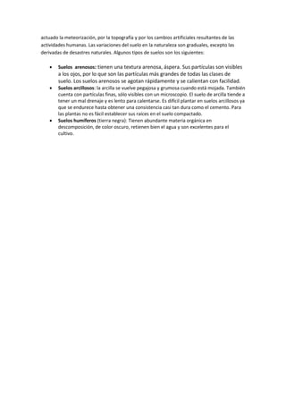 actuado la meteorización, por la topografía y por los cambios artificiales resultantes de las
actividades humanas. Las variaciones del suelo en la naturaleza son graduales, excepto las
derivadas de desastres naturales. Algunos tipos de suelos son los siguientes:
 Suelos arenosos: tienen una textura arenosa, áspera. Sus partículas son visibles
a los ojos, por lo que son las partículas más grandes de todas las clases de
suelo. Los suelos arenosos se agotan rápidamente y se calientan con facilidad.
 Suelos arcillosos: la arcilla se vuelve pegajosa y grumosa cuando está mojada. También
cuenta con partículas finas, sólo visibles con un microscopio. El suelo de arcilla tiende a
tener un mal drenaje y es lento para calentarse. Es difícil plantar en suelos arcillosos ya
que se endurece hasta obtener una consistencia casi tan dura como el cemento. Para
las plantas no es fácil establecer sus raíces en el suelo compactado.
 Suelos humíferos (tierra negra): Tienen abundante materia orgánica en
descomposición, de color oscuro, retienen bien el agua y son excelentes para el
cultivo.
 