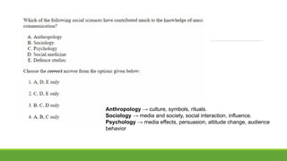 Anthropology → culture, symbols, rituals.
Sociology → media and society, social interaction, influence.
Psychology → media effects, persuasion, attitude change, audience
behavior
 