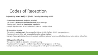 Codes of Reception
Proposed by Stuart Hall (1973) in his Encoding/Decoding model.
(i) Dominant-Hegemonic (Preferred Reading)
The audience accepts the intended meaning of the message.
They decode it exactly as the producer encoded it.
Example: A government ad on cleanliness is taken as a duty to follow.
(ii) Negotiated Reading
The audience partly accepts the message but interprets it in the light of their own experiences.
They agree in general but add personal/alternative interpretations.
Example: Agreeing that cleanliness is important, but blaming lack of government facilities for not being able to follow fully.
(iii) Oppositional Reading
The audience rejects or resists the intended meaning.
They decode the message in a contrary way, often challenging power or ideology.
Example: Viewing the cleanliness ad as propaganda to hide government inefficiency.
 