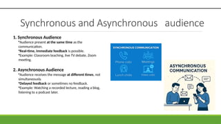 Synchronous and Asynchronous audience
1. Synchronous Audience
•Audience present at the same time as the
communication.
•Real-time, immediate feedback is possible.
•Example: Classroom teaching, live TV debate, Zoom
meeting.
2. Asynchronous Audience
•Audience receives the message at different times, not
simultaneously.
•Delayed feedback or sometimes no feedback.
•Example: Watching a recorded lecture, reading a blog,
listening to a podcast later.
 