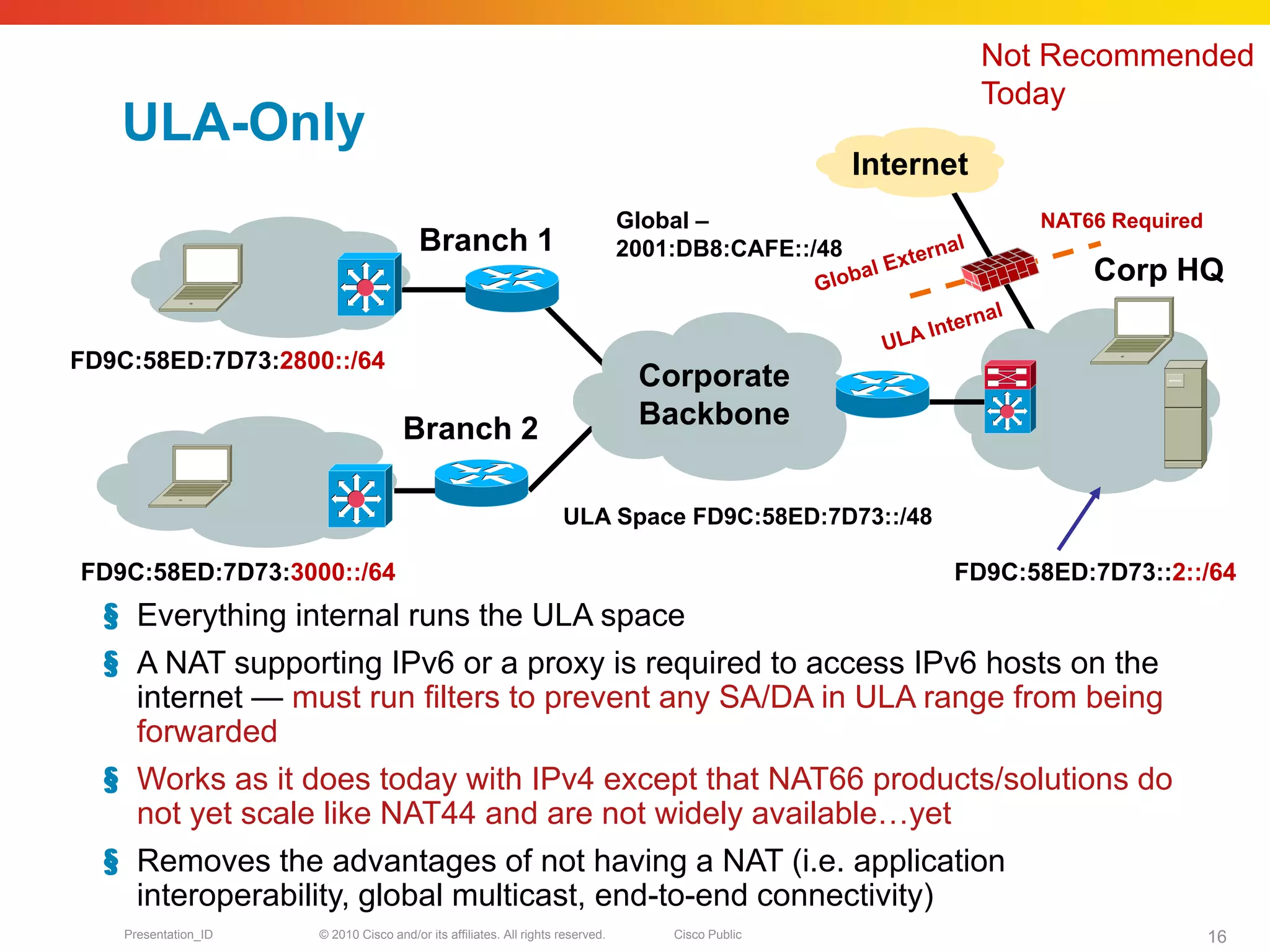 Not Recommended
                                                                                                                 Today
   ULA-Only
                                                                                                      Internet
                                                                                 Global –                           NAT66 Required
                                         Branch 1                                2001:DB8:CAFE::/48
                                                                                                                        Corp HQ

FD9C:58ED:7D73:2800::/64
                                                                                  Corporate
                                      Branch 2                                    Backbone


                                                                     ULA Space FD9C:58ED:7D73::/48

FD9C:58ED:7D73:3000::/64                                                                                     FD9C:58ED:7D73::2::/64
  § Everything internal runs the ULA space
  § A NAT supporting IPv6 or a proxy is required to access IPv6 hosts on the
    internet — must run filters to prevent any SA/DA in ULA range from being
    forwarded
  § Works as it does today with IPv4 except that NAT66 products/solutions do
    not yet scale like NAT44 and are not widely available…yet
  § Removes the advantages of not having a NAT (i.e. application
    interoperability, global multicast, end-to-end connectivity)
    Presentation_ID   © 2010 Cisco and/or its affiliates. All rights reserved.       Cisco Public                                    16
 