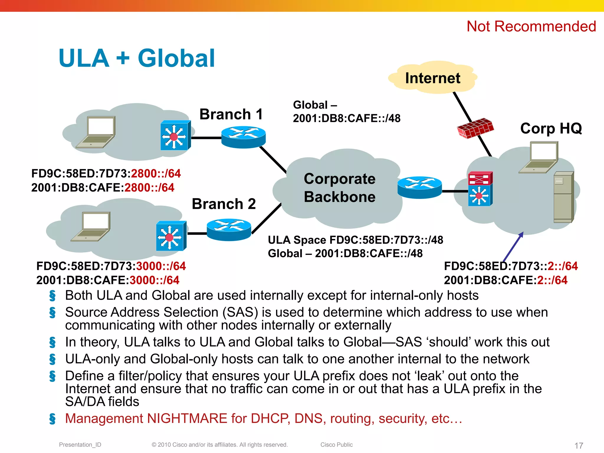 Not Recommended

    ULA + Global
                                                                                                      Internet
                                                                                 Global –
                                         Branch 1                                2001:DB8:CAFE::/48
                                                                                                                       Corp HQ

FD9C:58ED:7D73:2800::/64
                                                                                  Corporate
2001:DB8:CAFE:2800::/64
                                      Branch 2                                    Backbone

                                                                     ULA Space FD9C:58ED:7D73::/48
                                                                     Global – 2001:DB8:CAFE::/48
FD9C:58ED:7D73:3000::/64                                                                                   FD9C:58ED:7D73::2::/64
2001:DB8:CAFE:3000::/64                                                                                    2001:DB8:CAFE:2::/64
  § Both ULA and Global are used internally except for internal-only hosts
  § Source Address Selection (SAS) is used to determine which address to use when
    communicating with other nodes internally or externally
  § In theory, ULA talks to ULA and Global talks to Global—SAS ‘should’ work this out
  § ULA-only and Global-only hosts can talk to one another internal to the network
  § Define a filter/policy that ensures your ULA prefix does not ‘leak’ out onto the
    Internet and ensure that no traffic can come in or out that has a ULA prefix in the
    SA/DA fields
  § Management NIGHTMARE for DHCP, DNS, routing, security, etc…
    Presentation_ID   © 2010 Cisco and/or its affiliates. All rights reserved.       Cisco Public                               17
 