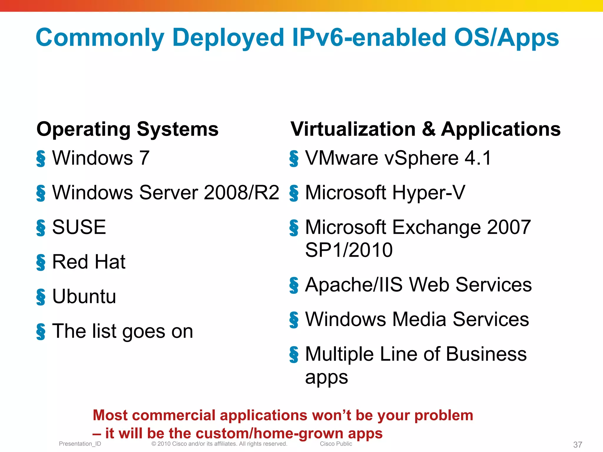 Commonly Deployed IPv6-enabled OS/Apps


Operating Systems                                                              Virtualization & Applications
§ Windows 7                                                                    § VMware vSphere 4.1
§ Windows Server 2008/R2 § Microsoft Hyper-V
§ SUSE                                                                         § Microsoft Exchange 2007
                                                                                 SP1/2010
§ Red Hat
                                                                               § Apache/IIS Web Services
§ Ubuntu
                                                                               § Windows Media Services
§ The list goes on
                                                                               § Multiple Line of Business
                                                                                 apps
             Most commercial applications won’t be your problem
             – it will be the custom/home-grown apps
  Presentation_ID   © 2010 Cisco and/or its affiliates. All rights reserved.      Cisco Public                 37
 
