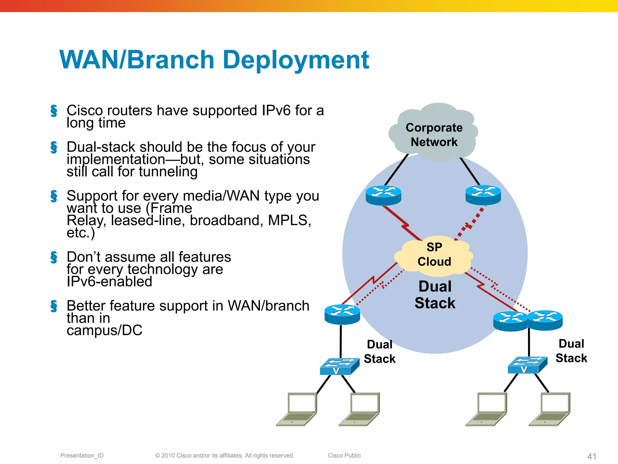WAN/Branch Deployment
§ Cisco routers have supported IPv6 for a
  long time                                                                                          Corporate
§ Dual-stack should be the focus of your                                                              Network
  implementation—but, some situations
  still call for tunneling
§ Support for every media/WAN type you
  want to use (Frame
  Relay, leased-line, broadband, MPLS,
  etc.)
                                                                                                       SP
§ Don’t assume all features                                                                           Cloud
  for every technology are
  IPv6-enabled                                                                                        Dual
§ Better feature support in WAN/branch                                                                Stack
  than in
  campus/DC
                                                                                             Dual                Dual
                                                                                             Stack               Stack




 Presentation_ID   © 2010 Cisco and/or its affiliates. All rights reserved.   Cisco Public                           41
 