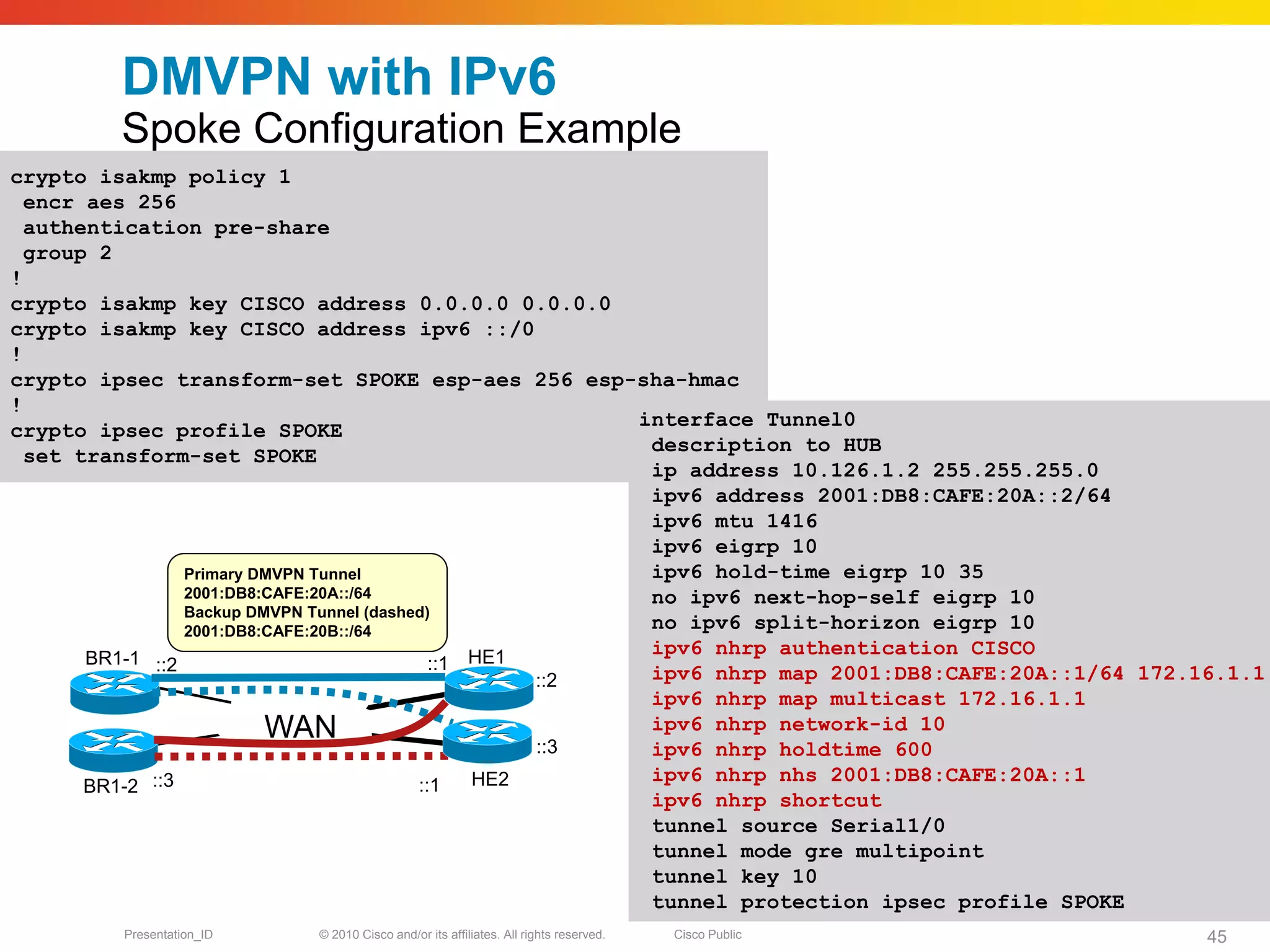 DMVPN with IPv6
         Spoke Configuration Example
crypto isakmp policy 1
  encr aes 256
  authentication pre-share
  group 2
!
crypto isakmp key CISCO address 0.0.0.0 0.0.0.0
crypto isakmp key CISCO address ipv6 ::/0
!
crypto ipsec transform-set SPOKE esp-aes 256 esp-sha-hmac
!
                                                         interface Tunnel0
crypto ipsec profile SPOKE
                                                          description to HUB
  set transform-set SPOKE
                                                          ip address 10.126.1.2 255.255.255.0
                                                          ipv6 address 2001:DB8:CAFE:20A::2/64
                                                          ipv6 mtu 1416
                                                          ipv6 eigrp 10
                 Primary DMVPN Tunnel                     ipv6 hold-time eigrp 10 35
                 2001:DB8:CAFE:20A::/64                   no ipv6 next-hop-self eigrp 10
                 Backup DMVPN Tunnel (dashed)
                 2001:DB8:CAFE:20B::/64                   no ipv6 split-horizon eigrp 10
                                                          ipv6 nhrp authentication CISCO
       BR1-1 ::2                             ::1 HE1      ipv6 nhrp map 2001:DB8:CAFE:20A::1/64 172.16.1.1
                                                     ::2
                                                          ipv6 nhrp map multicast 172.16.1.1
                          WAN                        ::3
                                                          ipv6 nhrp network-id 10
                                                          ipv6 nhrp holdtime 600
                                                 HE2      ipv6 nhrp nhs 2001:DB8:CAFE:20A::1
       BR1-2 ::3                           ::1
                                                          ipv6 nhrp shortcut
                                                          tunnel source Serial1/0
                                                          tunnel mode gre multipoint
                                                          tunnel key 10
                                                          tunnel protection ipsec profile SPOKE
         Presentation_ID   © 2010 Cisco and/or its affiliates. All rights reserved.   Cisco Public   45
 