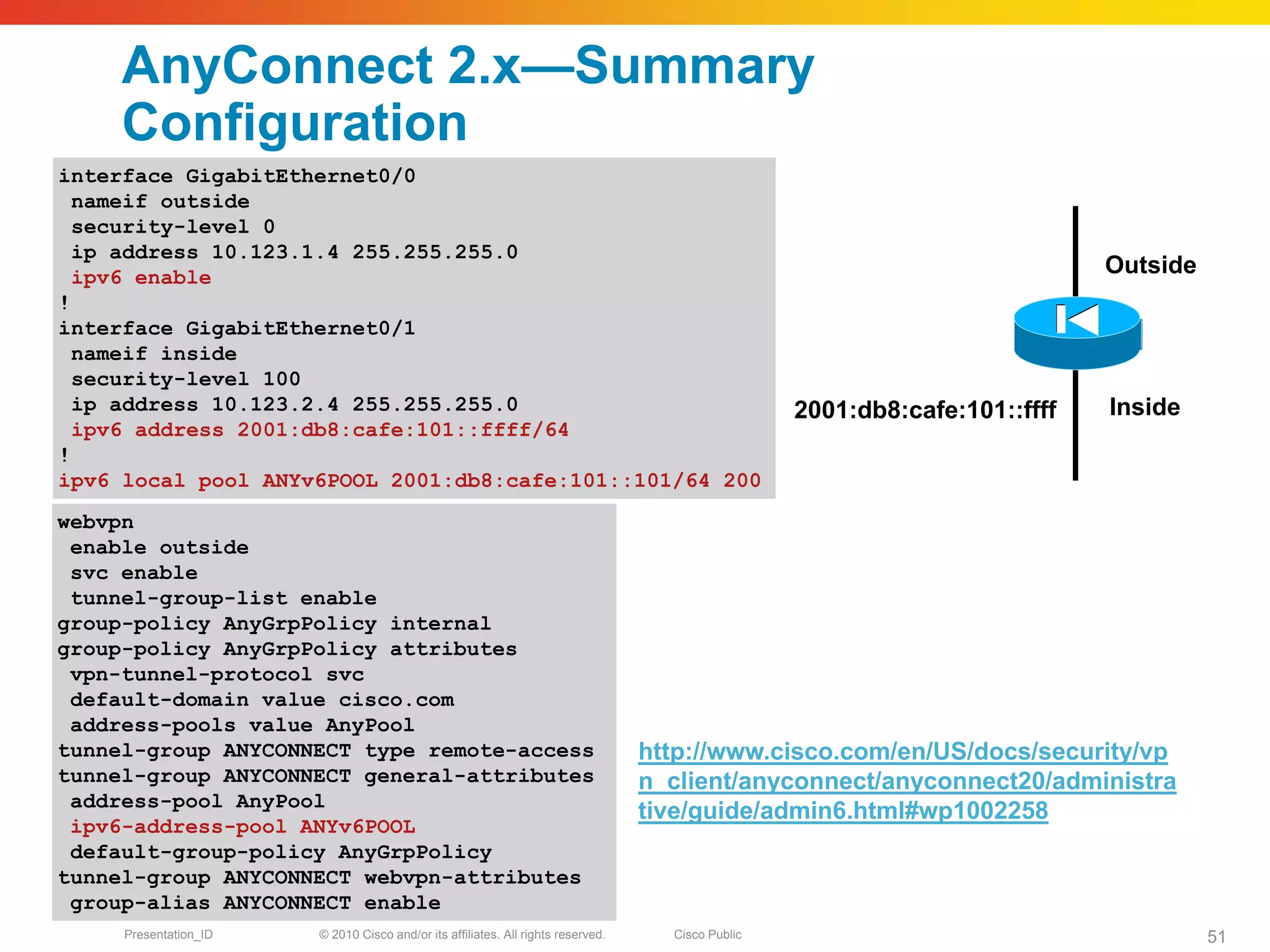 AnyConnect 2.x—Summary
     Configuration
interface GigabitEthernet0/0
  nameif outside
  security-level 0
  ip address 10.123.1.4 255.255.255.0
  ipv6 enable                                                                                                                Outside
!
interface GigabitEthernet0/1
  nameif inside
  security-level 100
  ip address 10.123.2.4 255.255.255.0                                                              2001:db8:cafe:101::ffff   Inside
  ipv6 address 2001:db8:cafe:101::ffff/64
!
ipv6 local pool ANYv6POOL 2001:db8:cafe:101::101/64 200
webvpn
 enable outside
 svc enable
 tunnel-group-list enable
group-policy AnyGrpPolicy internal
group-policy AnyGrpPolicy attributes
 vpn-tunnel-protocol svc
 default-domain value cisco.com
 address-pools value AnyPool
tunnel-group ANYCONNECT type remote-access                                        http://www.cisco.com/en/US/docs/security/vp
tunnel-group ANYCONNECT general-attributes                                        n_client/anyconnect/anyconnect20/administra
 address-pool AnyPool
                                                                                  tive/guide/admin6.html#wp1002258
 ipv6-address-pool ANYv6POOL
 default-group-policy AnyGrpPolicy
tunnel-group ANYCONNECT webvpn-attributes
 group-alias ANYCONNECT enable
     Presentation_ID   © 2010 Cisco and/or its affiliates. All rights reserved.     Cisco Public                                       51
 