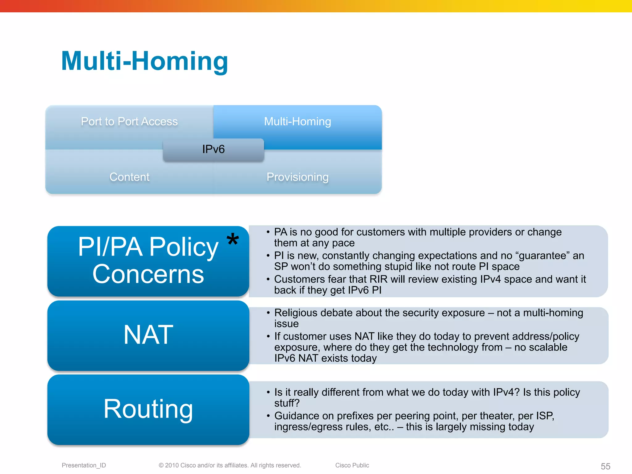 Multi-Homing

      Port to Port Access                                            Multi-Homing

                                            IPv6

                  Content                                             Provisioning



                                                                      • PA is no good for customers with multiple providers or change
     PI/PA Policy *                                                     them at any pace
                                                                      • PI is new, constantly changing expectations and no “guarantee” an
                                                                        SP won’t do something stupid like not route PI space
      Concerns                                                        • Customers fear that RIR will review existing IPv4 space and want it
                                                                        back if they get IPv6 PI

                                                                      • Religious debate about the security exposure – not a multi-homing
                                                                        issue
                    NAT                                               • If customer uses NAT like they do today to prevent address/policy
                                                                        exposure, where do they get the technology from – no scalable
                                                                        IPv6 NAT exists today


                                                                      • Is it really different from what we do today with IPv4? Is this policy

             Routing                                                    stuff?
                                                                      • Guidance on prefixes per peering point, per theater, per ISP,
                                                                        ingress/egress rules, etc.. – this is largely missing today


Presentation_ID             © 2010 Cisco and/or its affiliates. All rights reserved.   Cisco Public                                              55
 