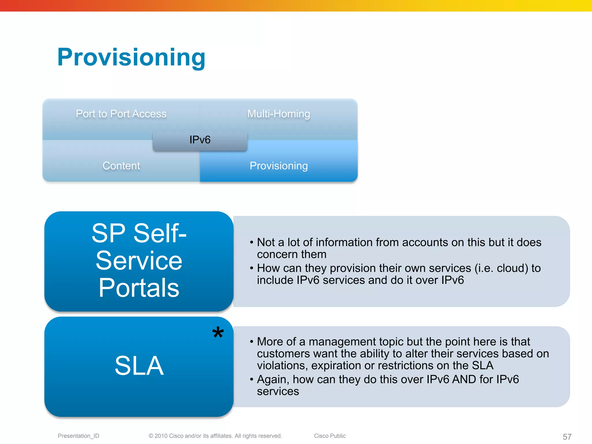 Provisioning

      Port to Port Access                                            Multi-Homing

                                            IPv6

                  Content                                             Provisioning




           SP Self-                                                   • Not a lot of information from accounts on this but it does
                                                                        concern them
           Service                                                    • How can they provision their own services (i.e. cloud) to
                                                                        include IPv6 services and do it over IPv6
           Portals

                                                      *               • More of a management topic but the point here is that
                                                                        customers want the ability to alter their services based on
                    SLA                                                 violations, expiration or restrictions on the SLA
                                                                      • Again, how can they do this over IPv6 AND for IPv6
                                                                        services


Presentation_ID             © 2010 Cisco and/or its affiliates. All rights reserved.   Cisco Public                                   57
 