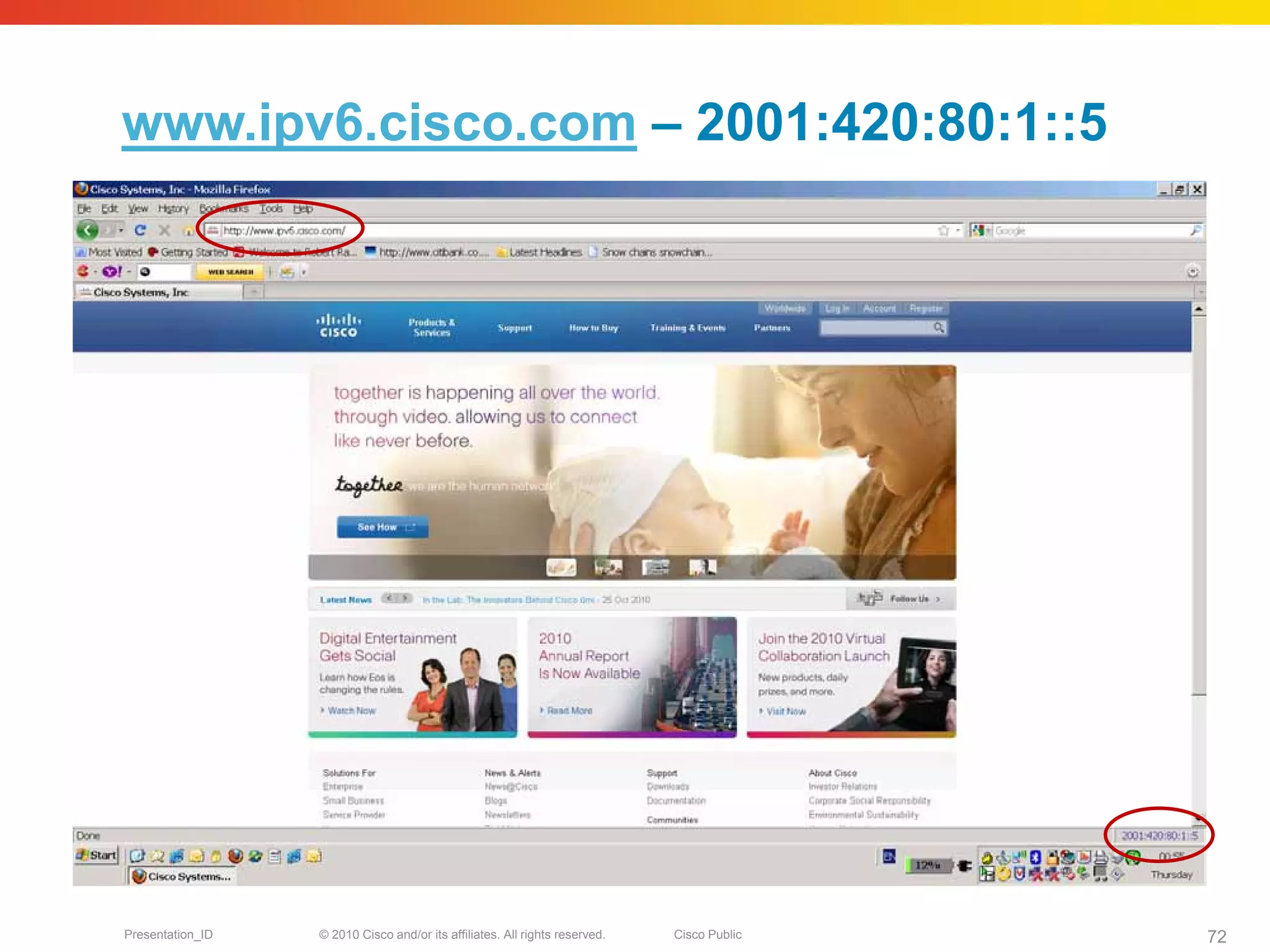 www.ipv6.cisco.com – 2001:420:80:1::5




Presentation_ID   © 2010 Cisco and/or its affiliates. All rights reserved.   Cisco Public   72
 