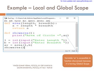 Example – Local and Global Scope
Variable „ar‟ is accessible in
function showarea() because
it is having Global Scope
VINOD KUMAR VERMA, PGT(CS), KV OEF KANPUR &
SACHIN BHARDWAJ, PGT(CS), KV NO.1 TEZPUR
for more updates visit: www.python4csip.com
 