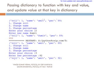 Passing dictionary to function with key and value,
and update value at that key in dictionary
VINOD KUMAR VERMA, PGT(CS), KV OEF KANPUR &
SACHIN BHARDWAJ, PGT(CS), KV NO.1 TEZPUR
for more updates visit: www.python4csip.com
 
