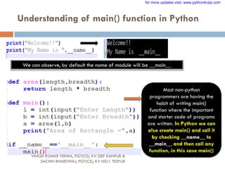 Understanding of main() function in Python
We can observe, by default the name of module will be __main__
Most non-python
programmers are having the
habit of writing main()
function where the important
and starter code of programs
are written. In Python we can
also create main() and call it
by checking __name__ to
__main__ and then call any
function, in this case main()
VINOD KUMAR VERMA, PGT(CS), KV OEF KANPUR &
SACHIN BHARDWAJ, PGT(CS), KV NO.1 TEZPUR
for more updates visit: www.python4csip.com
 