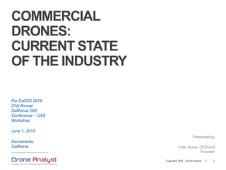 1|Copyright 2016 – Skylogic Research, LLC
COMMERCIAL
DRONES:
CURRENT STATE
OF THE INDUSTRY
Summary of
New Research
Report
UPDATED:
September 15, 2016
 