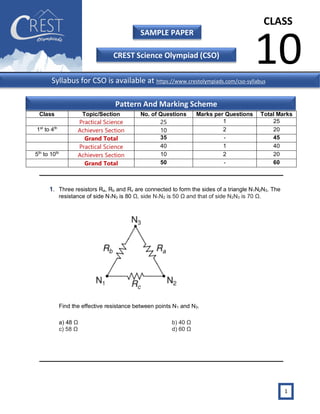 CLASS
10
SAMPLE PAPER
CREST Science Olympiad (CSO)
1
1. Three resistors Ra, Rb and Rc are connected to form the sides of a triangle N1N2N3. The
resistance of side N1N3 is 80 Ω, side N1N2 is 50 Ω and that of side N2N3 is 70 Ω.
Find the effective resistance between points N1 and N3.
a) 48 Ω b) 40 Ω
c) 58 Ω d) 60 Ω
Class Topic/Section No. of Questions Marks per Questions Total Marks
Practical Science 25 1 25
1st
to 4th
Achievers Section 10 2 20
Grand Total 35 - 45
Practical Science 40 1 40
5th
to 10th
Achievers Section 10 2 20
Grand Total 50 - 60
Syllabus for CSO is available at https://www.crestolympiads.com/cso-syllabus
Pattern And Marking Scheme
 