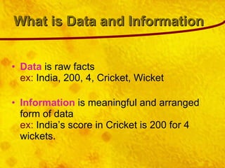 What is Data and Information Data  is raw facts ex:  India, 200, 4, Cricket, Wicket Information  is meaningful and arranged form of data ex:  India’s score in Cricket is 200 for 4 wickets. 