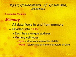 Memory All data flows to and from memory Divided into  cells : Each has a unique address Memory cell types: Byte  – stores one character of data Word  – stores two or more characters of data Computer Memory Page 31 B ASIC  C OMPONENTS   of  C OMPUTER  S YSTEMS 