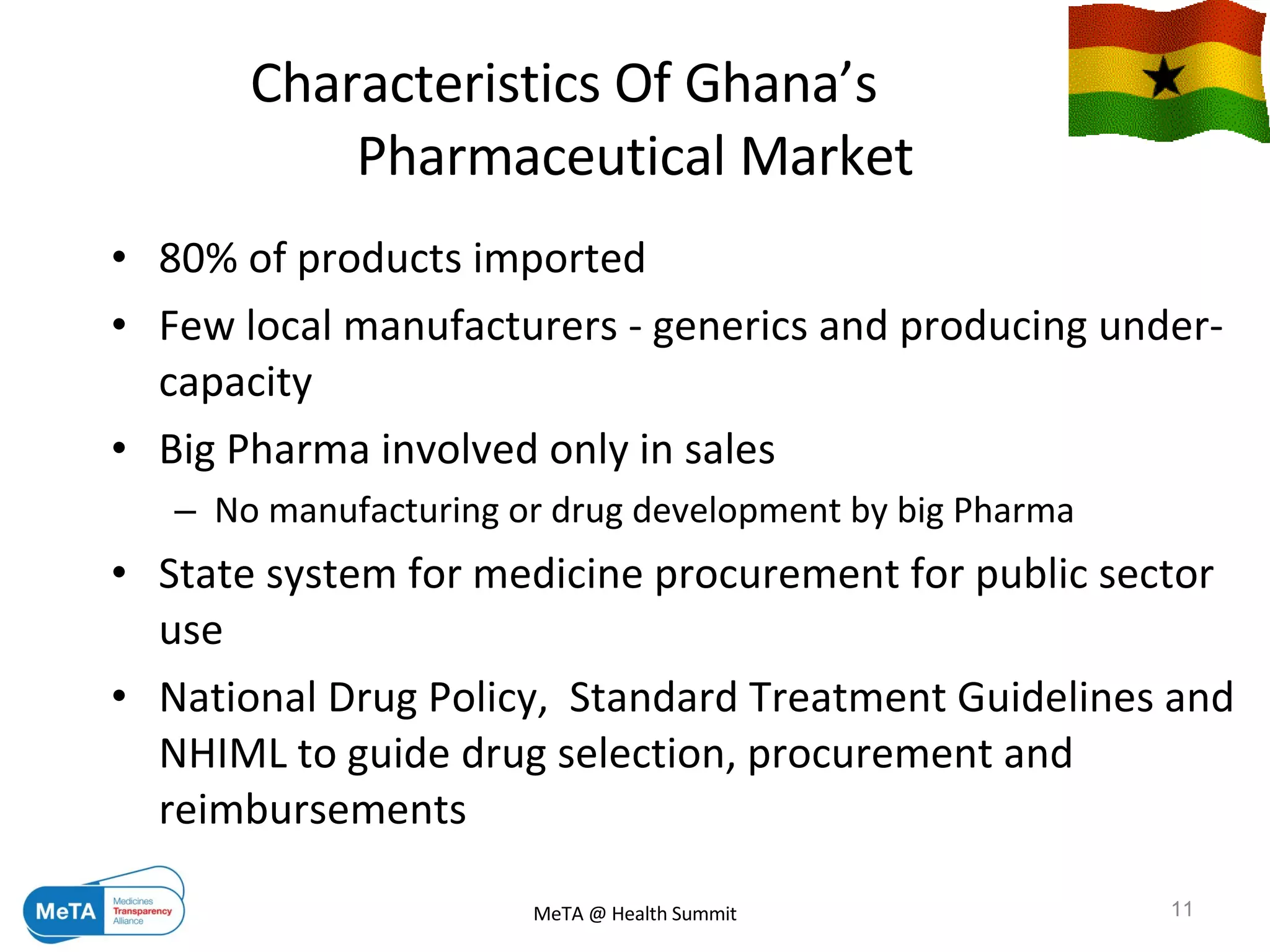 Characteristics Of Ghana’s  Pharmaceutical Market 80% of products imported  Few local manufacturers - generics and producing under-capacity Big Pharma involved only in sales No manufacturing or drug development by big Pharma State system for medicine procurement for public sector use National Drug Policy,  Standard Treatment Guidelines and NHIML to guide drug selection, procurement and reimbursements 09/06/09 MeTA @ Health Summit 