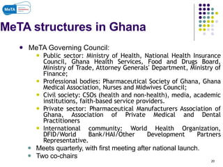 MeTA structures in Ghana MeTA Governing Council: Public sector: Ministry of Health, National Health Insurance Council, Ghana Health Services, Food and Drugs Board, Ministry of Trade, Attorney Generals ’  Department, Ministry of Finance; Professional bodies: Pharmaceutical Society of Ghana, Ghana Medical Association, Nurses and Midwives Council; Civil society: CSOs (health and non-health), media, academic institutions, faith-based service providers. Private sector: Pharmaceutical Manufacturers Association of Ghana, Association of Private Medical and Dental Practitioners International community: World Health Organization, DFID/World Bank/HAI/Other Development Partners Representative. Meets quarterly, with first meeting after national launch. Two co-chairs  