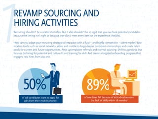 50%
1REVAMPSOURCINGAND
HIRINGACTIVITIES
Recruiting shouldn’t be a scattershot affair. But it also shouldn’t be so rigid that you overlook potential candidates
because the timing isn’t right or because they don’t meet every item on the experience checklist.
How can you adapt your recruiting strategy to keep pace with a fluid – and highly competitive – talent market? Use
modern tools such as social networks, video and mobile to forge deeper candidate relationships and create talent
pools for current and future opportunities. Amp up employee referrals and internal sourcing. Shift to a process that
focuses on hiring for potential and culture fit and training for skill. And create a targeted onboarding program that
engages new hires from day one.
89%
of job candidates want to apply for
jobs from their mobile phones1
of new hires fail because of attitudinal reasons
(vs. lack of skill) within 18 months3
 