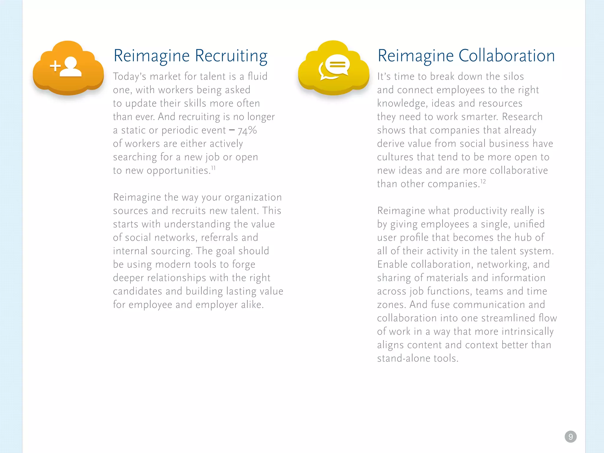 Reimagine Recruiting
Today’s market for talent is a fluid
one, with workers being asked
to update their skills more often
than ever. And recruiting is no longer
a static or periodic event – 74%
of workers are either actively
searching for a new job or open
to new opportunities.11
Reimagine the way your organization
sources and recruits new talent. This
starts with understanding the value
of social networks, referrals and
internal sourcing. The goal should
be using modern tools to forge
deeper relationships with the right
candidates and building lasting value
for employee and employer alike.
Reimagine Collaboration
It’s time to break down the silos
and connect employees to the right
knowledge, ideas and resources
they need to work smarter. Research
shows that companies that already
derive value from social business have
cultures that tend to be more open to
new ideas and are more collaborative
than other companies.12
Reimagine what productivity really is
by giving employees a single, unified
user profile that becomes the hub of
all of their activity in the talent system.
Enable collaboration, networking, and
sharing of materials and information
across job functions, teams and time
zones. And fuse communication and
collaboration into one streamlined flow
of work in a way that more intrinsically
aligns content and context better than
stand-alone tools.
9
 