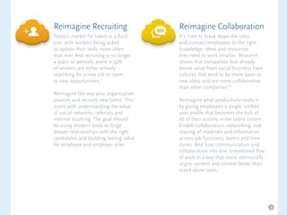 Reimagine Recruiting
Today’s market for talent is a fluid
one, with workers being asked
to update their skills more often
than ever. And recruiting is no longer
a static or periodic event – 74%
of workers are either actively
searching for a new job or open
to new opportunities.11
Reimagine the way your organization
sources and recruits new talent. This
starts with understanding the value
of social networks, referrals and
internal sourcing. The goal should
be using modern tools to forge
deeper relationships with the right
candidates and building lasting value
for employee and employer alike.
Reimagine Collaboration
It’s time to break down the silos
and connect employees to the right
knowledge, ideas and resources
they need to work smarter. Research
shows that companies that already
derive value from social business have
cultures that tend to be more open to
new ideas and are more collaborative
than other companies.12
Reimagine what productivity really is
by giving employees a single, unified
user profile that becomes the hub of
all of their activity in the talent system.
Enable collaboration, networking, and
sharing of materials and information
across job functions, teams and time
zones. And fuse communication and
collaboration into one streamlined flow
of work in a way that more intrinsically
aligns content and context better than
stand-alone tools.
9
 