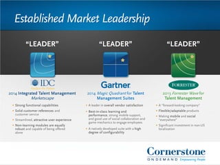 Established Market Leadership
“LEADER”
2013 Forrester Wave for
Talent Management
 A “forward-looking company”
 Flexible/adaptable products
 Making mobile and social
“everywhere”
 Significant investment in non-US
localization
“LEADER”
2014 Integrated Talent Management
Marketscape
 Strong functional capabilities
 Solid customer references and
customer service
 Streamlined, attractive user experience
 Non-learning modules are equally
robust and capable of being offered
alone
“LEADER”
2014 Magic Quadrant for Talent
Management Suites
 A leader in overall vendor satisfaction
 Best-in-class learning and
performance, strong mobile support,
and good use of social collaboration and
game mechanics to engage employees
 A natively developed suite with a high
degree of configurability
 