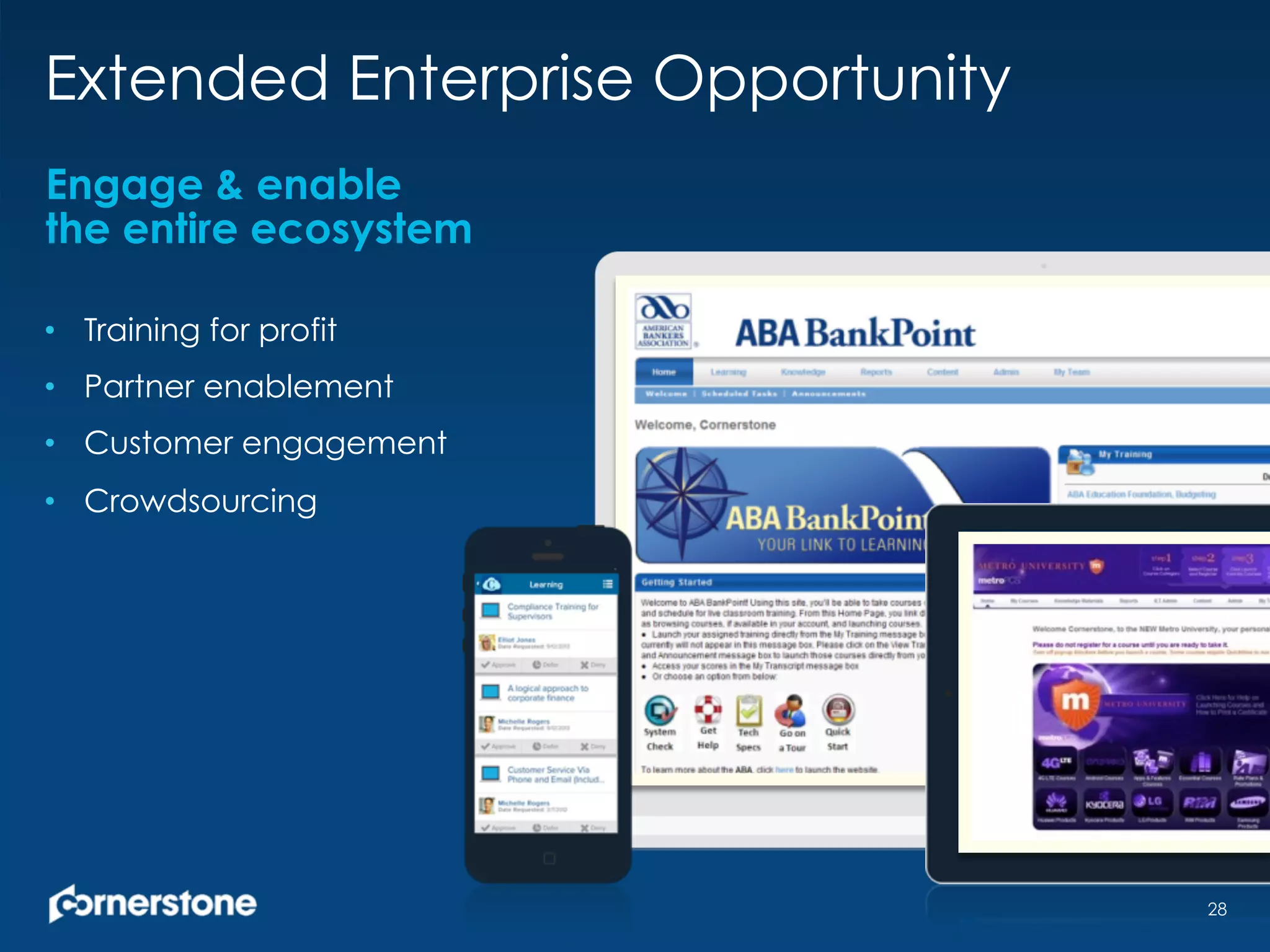 Extended Enterprise Opportunity
28
Engage & enable
the entire ecosystem
•  Training for profit
•  Partner enablement
•  Customer engagement
•  Crowdsourcing
 