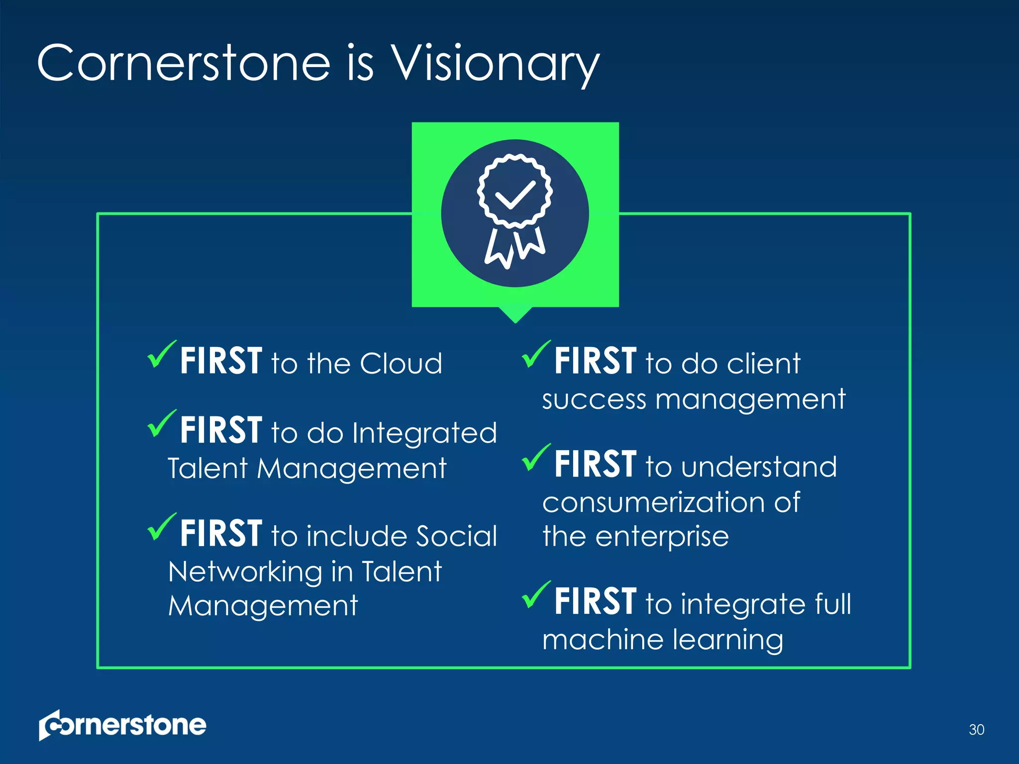 30
ü FIRST to the Cloud
ü FIRST to do Integrated
Talent Management
ü FIRST to include Social
Networking in Talent
Management
ü FIRST to do client
success management
ü FIRST to understand
consumerization of
the enterprise
ü FIRST to integrate full
machine learning
Cornerstone is Visionary
 