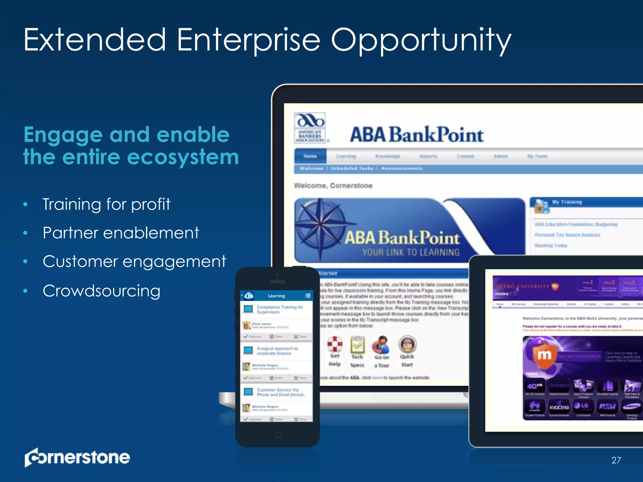 Extended Enterprise Opportunity
Engage and enable
the entire ecosystem
•  Training for profit
•  Partner enablement
•  Customer engagement
•  Crowdsourcing
27
 