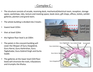 • The structure consists of arcade, receiving dock, mechanical/electrical room, reception, storage
space, workshops, labs, lecture and meeting space, book store, gift shops, offices, toilets, exhibit
galleries, planters and grand stairs.
• The whole building is divided into 3 levels :
• lowest level-319m
• then at level-324m
• the highest floor level is at-330m
• The petals in the crescent building will
cover the lifespan of Guru Hargobind,
Guru Harrai, Guru Harkrishan, Guru
Tegbahadar, Guru Gobind Singh and Gurta
Gaddi.
• The galleries at the lower level (324 floor
level) will chronicle the trails, tribulations
and triumphs the Khalsa.
Guru Hargobind
Guru Harrai
Guru Harkrishan
Guru Tegbahadar Guru Gobind Singh• Gurta Gaddi.
- Complex C -
 