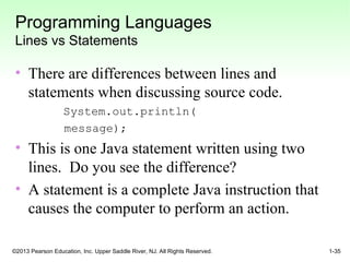 ©2013 Pearson Education, Inc. Upper Saddle River, NJ. All Rights Reserved. 1-35
Programming Languages
Lines vs Statements
• There are differences between lines and
statements when discussing source code.
System.out.println(
message);
• This is one Java statement written using two
lines. Do you see the difference?
• A statement is a complete Java instruction that
causes the computer to perform an action.
 