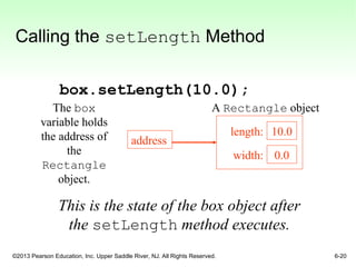 ©2013 Pearson Education, Inc. Upper Saddle River, NJ. All Rights Reserved. 6-20
Calling the setLength Method
box.setLength(10.0);
address
10.0
0.0
length:
width:
The box
variable holds
the address of
the
Rectangle
object.
A Rectangle object
This is the state of the box object after
the setLength method executes.
 
