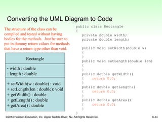 ©2013 Pearson Education, Inc. Upper Saddle River, NJ. All Rights Reserved. 6-34
Converting the UML Diagram to Code
Rectangle
- width : double
- length : double
+ setWidth(w : double) : void
+ setLength(len : double): void
+ getWidth() : double
+ getLength() : double
+ getArea() : double
public class Rectangle
{
private double width;
private double length;
public void setWidth(double w)
{
}
public void setLength(double len)
{
}
public double getWidth()
{ return 0.0;
}
public double getLength()
{ return 0.0;
}
public double getArea()
{ return 0.0;
}
}
The structure of the class can be
compiled and tested without having
bodies for the methods. Just be sure to
put in dummy return values for methods
that have a return type other than void.
 