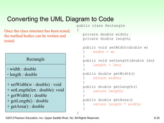 ©2013 Pearson Education, Inc. Upper Saddle River, NJ. All Rights Reserved. 6-35
Converting the UML Diagram to Code
public class Rectangle
{
private double width;
private double length;
public void setWidth(double w)
{ width = w;
}
public void setLength(double len)
{ length = len;
}
public double getWidth()
{ return width;
}
public double getLength()
{ return length;
}
public double getArea()
{ return length * width;
}
}
Rectangle
- width : double
- length : double
+ setWidth(w : double) : void
+ setLength(len : double): void
+ getWidth() : double
+ getLength() : double
+ getArea() : double
Once the class structure has been tested,
the method bodies can be written and
tested.
 