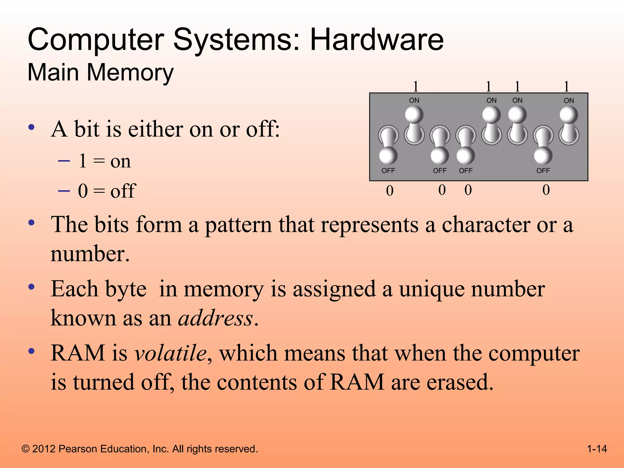 Computer Systems: Hardware
 Main Memory                                              1           1   1       1

 • A bit is either on or off:
       – 1 = on
       – 0 = off                                      0       0   0           0

 • The bits form a pattern that represents a character or a
   number.
 • Each byte in memory is assigned a unique number
   known as an address.
 • RAM is volatile, which means that when the computer
   is turned off, the contents of RAM are erased.

© 2012 Pearson Education, Inc. All rights reserved.                                   1-14
 