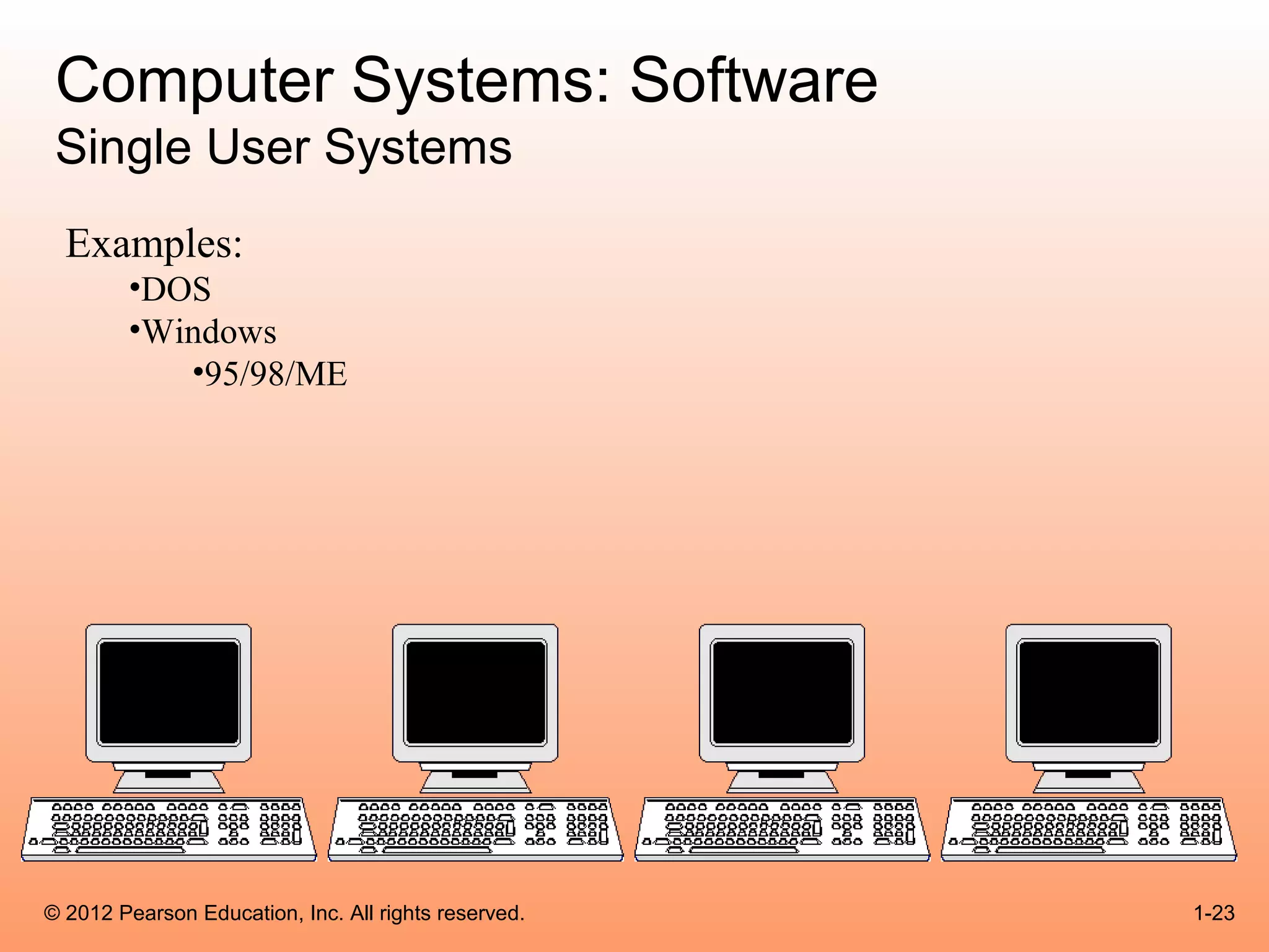Computer Systems: Software
 Single User Systems
  Examples:
        •DOS
        •Windows
           •95/98/ME




© 2012 Pearson Education, Inc. All rights reserved.   1-23
 