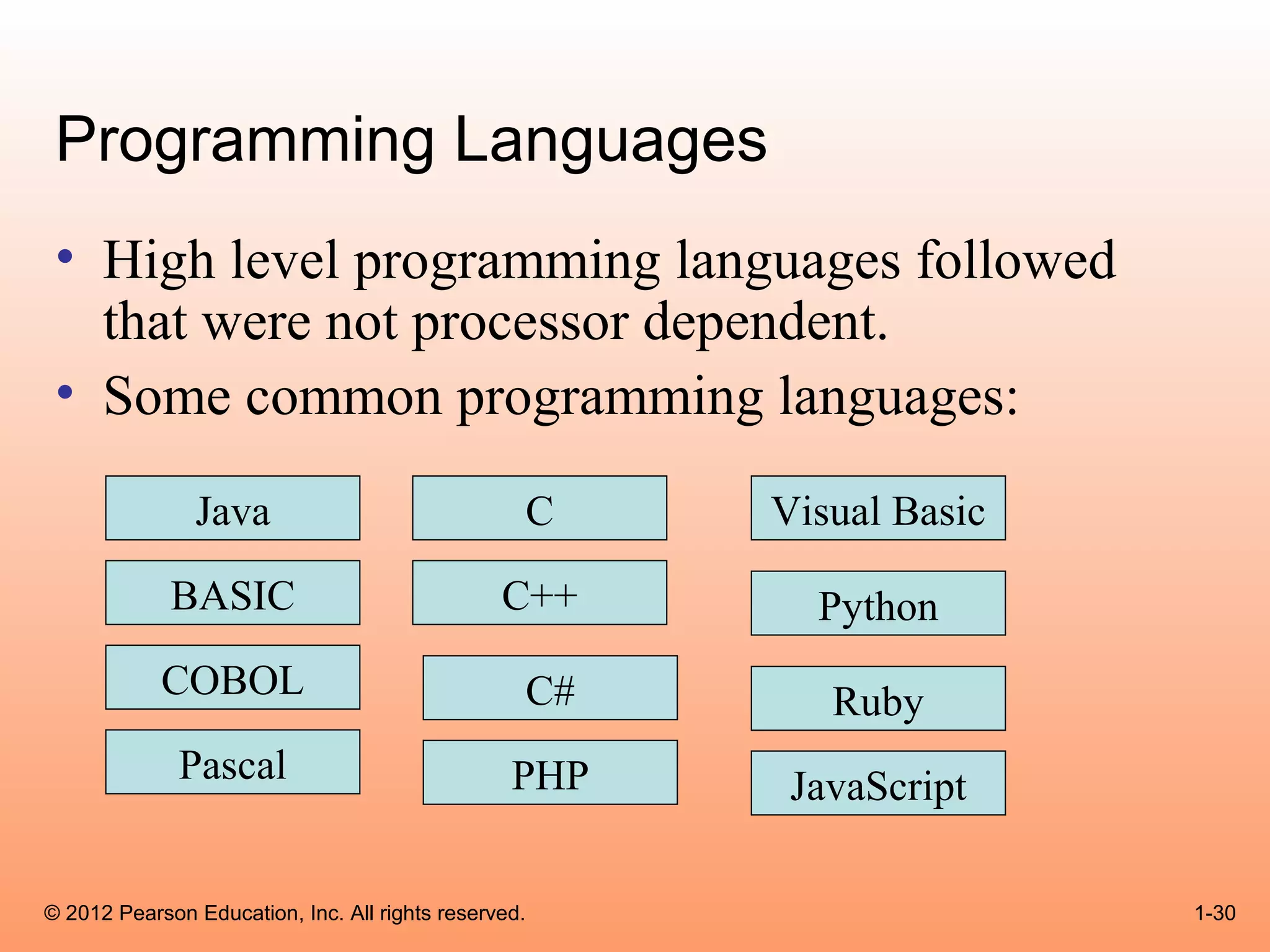 Programming Languages
 • High level programming languages followed
   that were not processor dependent.
 • Some common programming languages:

                Java                                  C    Visual Basic

             BASIC                              C++          Python
            COBOL                                     C#      Ruby
              Pascal                             PHP        JavaScript

© 2012 Pearson Education, Inc. All rights reserved.                       1-30
 