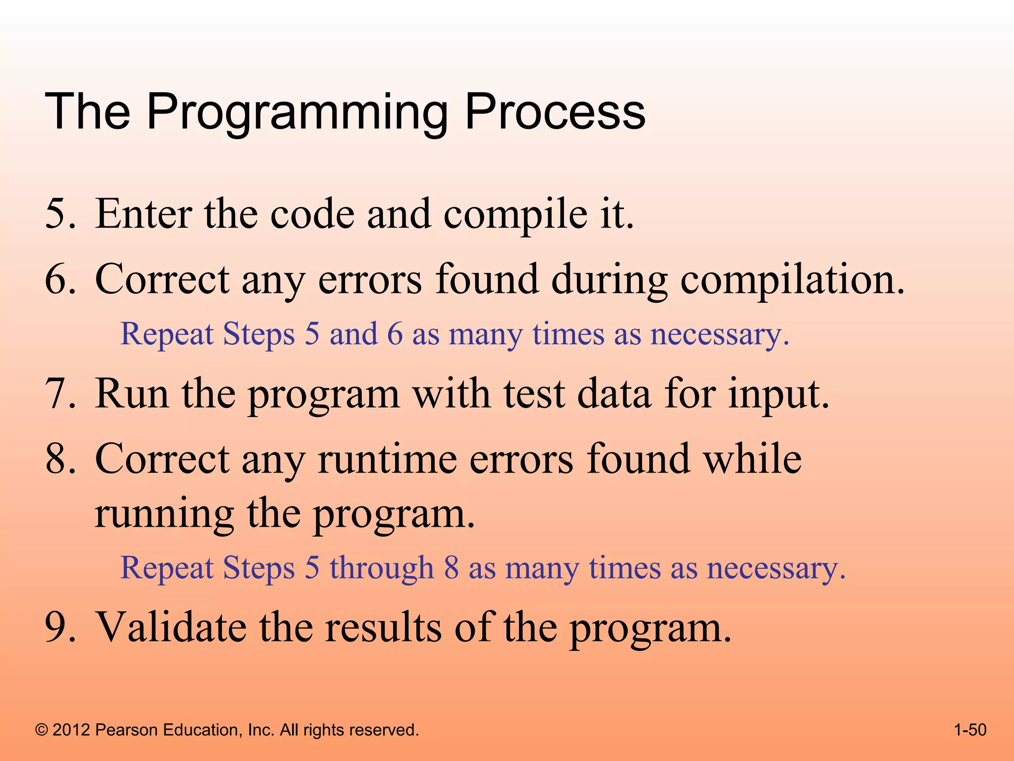 The Programming Process
 5. Enter the code and compile it.
 6. Correct any errors found during compilation.
           Repeat Steps 5 and 6 as many times as necessary.
 7. Run the program with test data for input.
 8. Correct any runtime errors found while
    running the program.
           Repeat Steps 5 through 8 as many times as necessary.
 9. Validate the results of the program.

© 2012 Pearson Education, Inc. All rights reserved.               1-50
 
