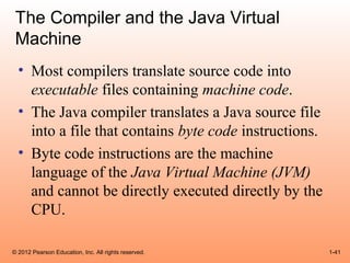 The Compiler and the Java Virtual
 Machine
  • Most compilers translate source code into
    executable files containing machine code.
  • The Java compiler translates a Java source file
    into a file that contains byte code instructions.
  • Byte code instructions are the machine
    language of the Java Virtual Machine (JVM)
    and cannot be directly executed directly by the
    CPU.

© 2012 Pearson Education, Inc. All rights reserved.     1-41
 