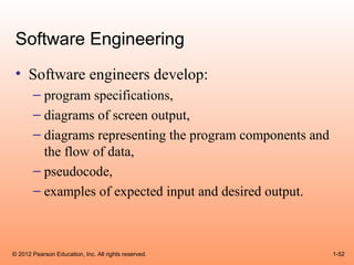 Software Engineering
 • Software engineers develop:
       – program specifications,
       – diagrams of screen output,
       – diagrams representing the program components and
         the flow of data,
       – pseudocode,
       – examples of expected input and desired output.



© 2012 Pearson Education, Inc. All rights reserved.         1-52
 