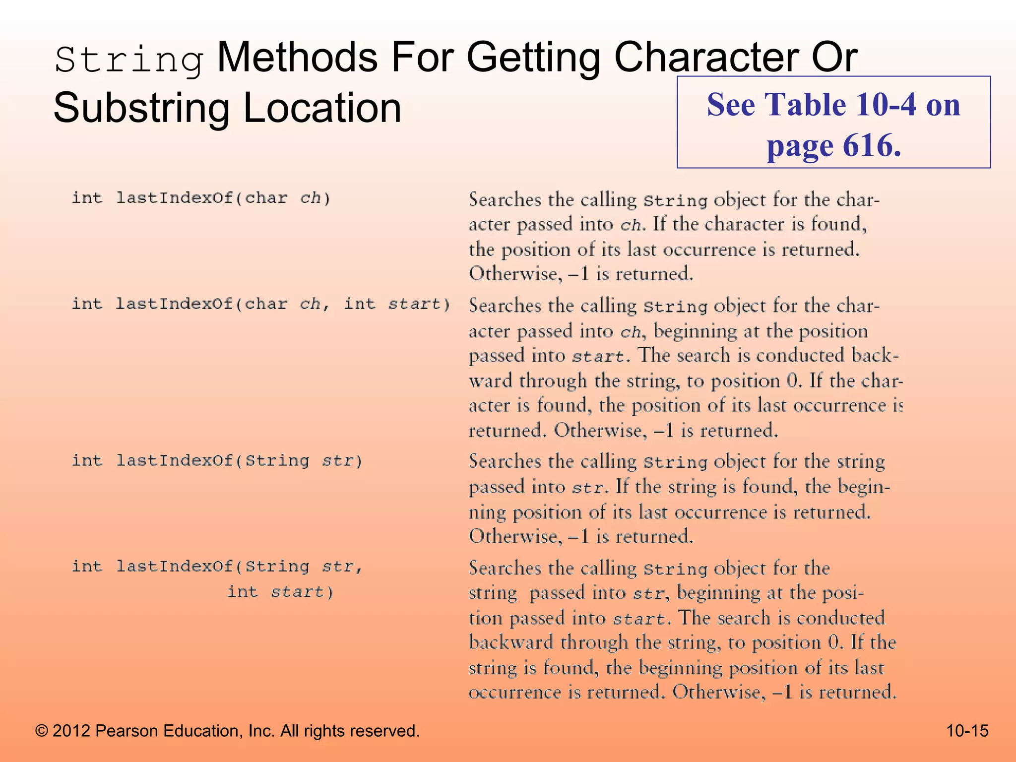 String Methods For Getting Character Or
  Substring Location             See Table 10-4 on
                                                      page 616.




© 2012 Pearson Education, Inc. All rights reserved.               10-15
 